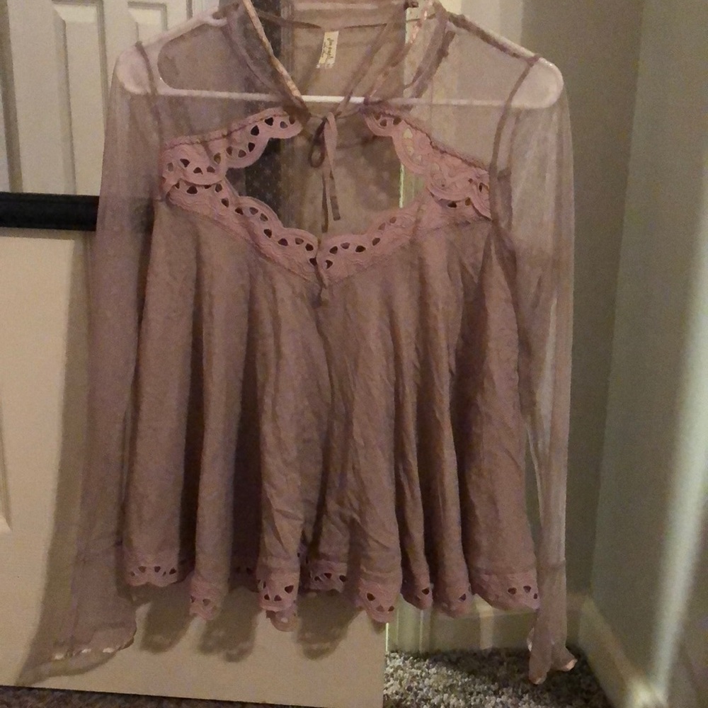 Free People sheer lilac top with lace